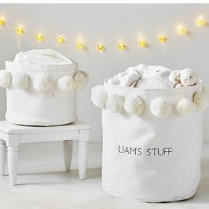 Pottery Barn Emily & Meritt Canvas Pom Pom Storage embroidered "Mila" - ivory